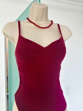 Express Ribbed Spaghetti Strap Bodysuit in Deep Wine